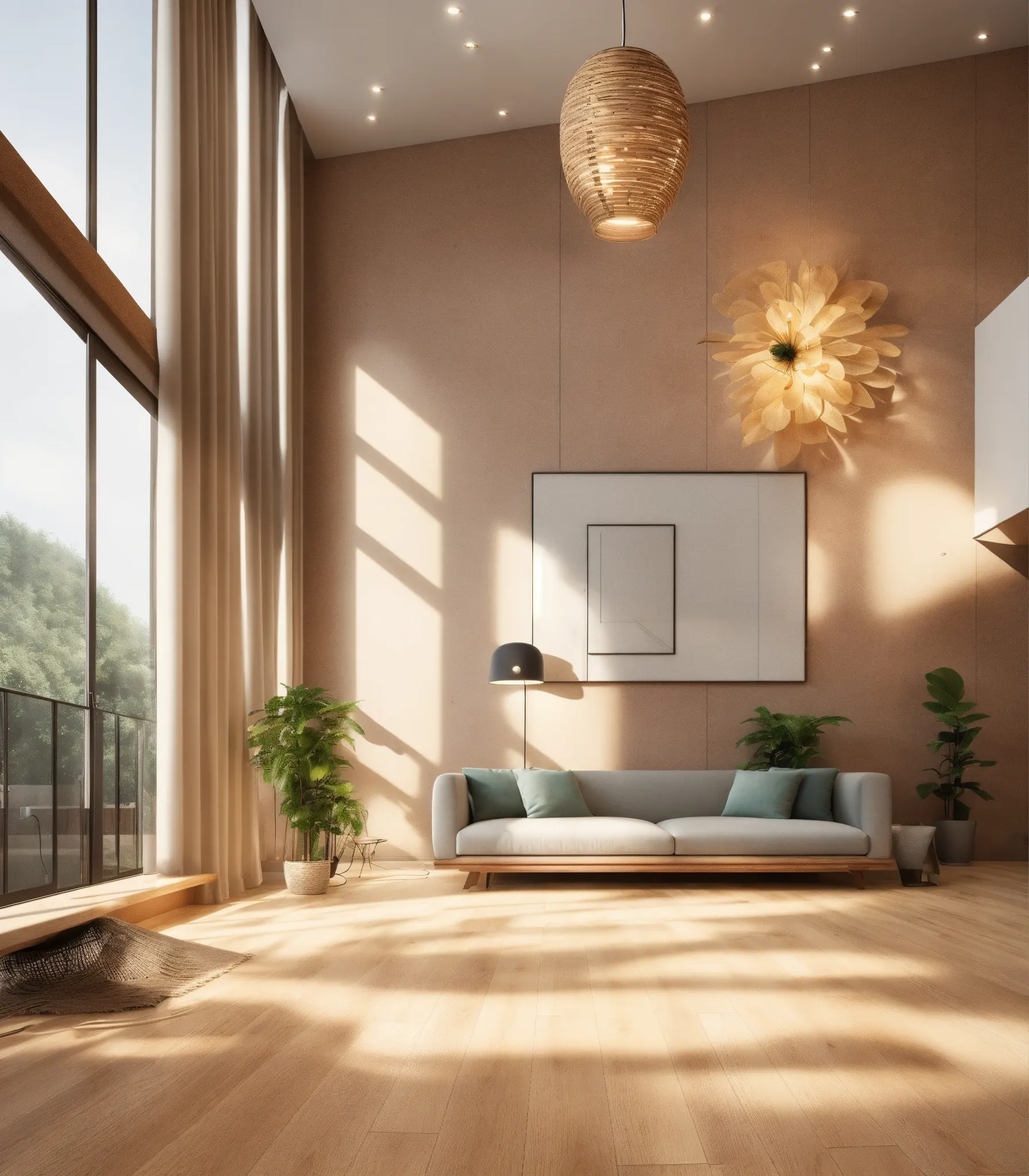 cozy living room with natural materials and sunlight